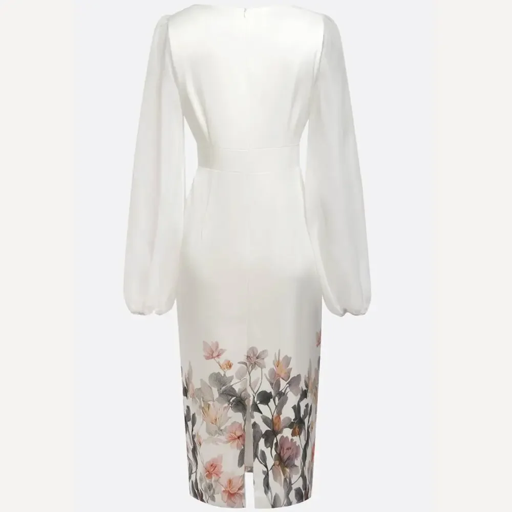 FEHAUTE US10 White Bridal Dress | Sheer Sleeves, Floral Hem, NWT - Picture 4 of 13